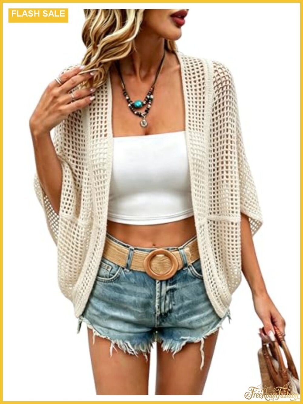 Dolman Sleeve Crochet Knit Cardigan Open Front Boho Beach Cover Up